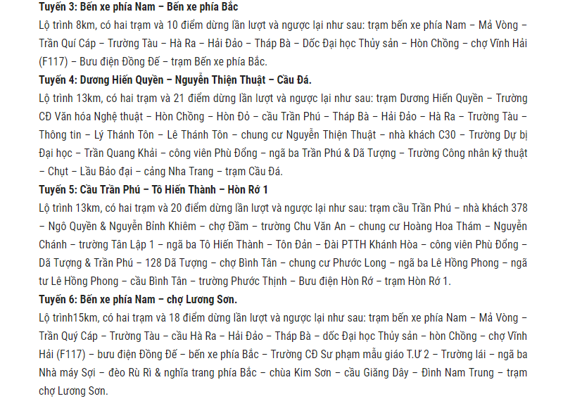 Lộ trình của các tuyến bus từ 3 đến 6 ở Nha Trang