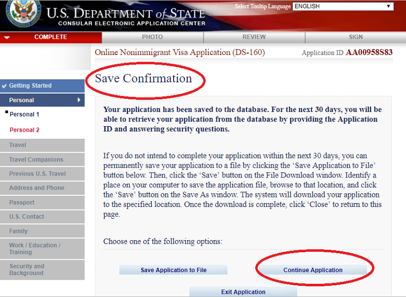 Sau khi nhấn SAVE và tiếp tục điển đơn xin visa Mỹ online DS-160